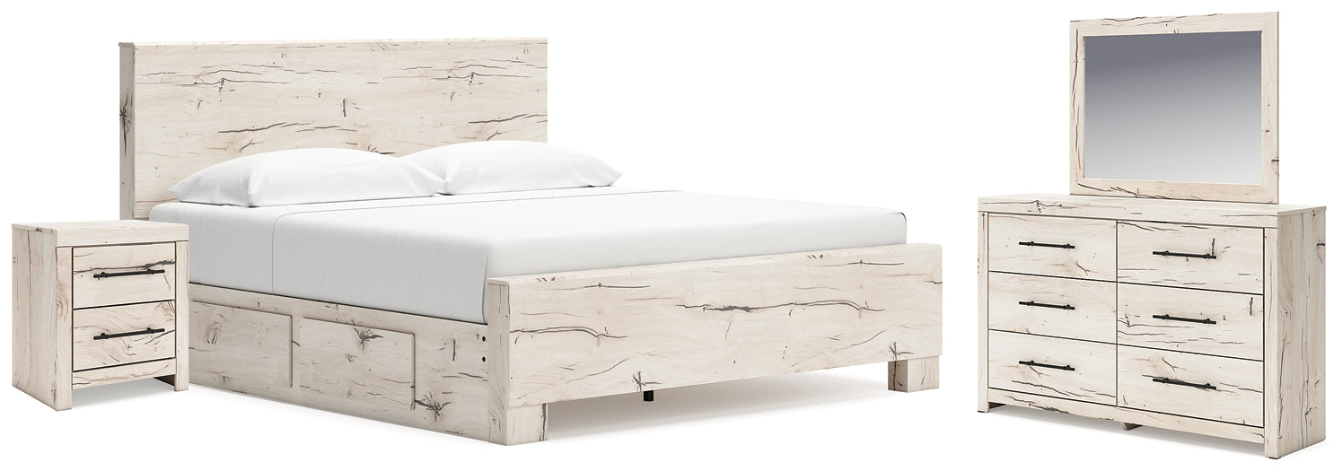 King Panel Bed with Mirrored Dresser and Nightstand