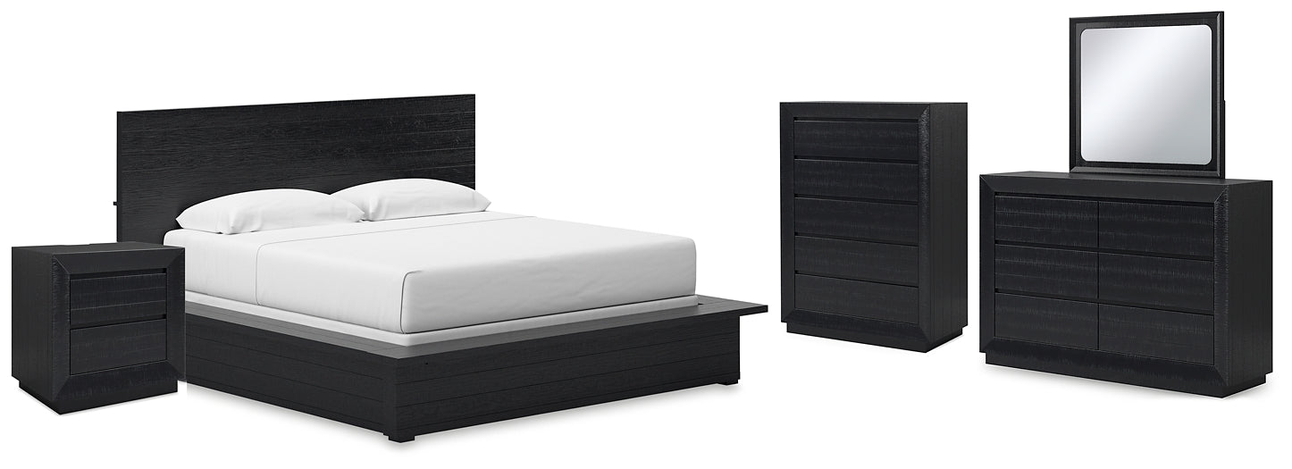 Londer King Panel Bed with Mirrored Dresser, Chest and Nightstand