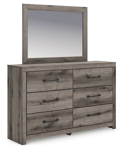 Graystorm King Panel Bed with Mirrored Dresser and Chest