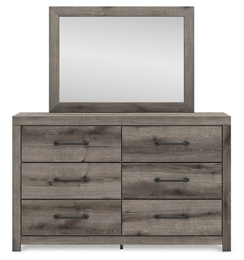 Graystorm Full Panel Bed with Mirrored Dresser and Chest