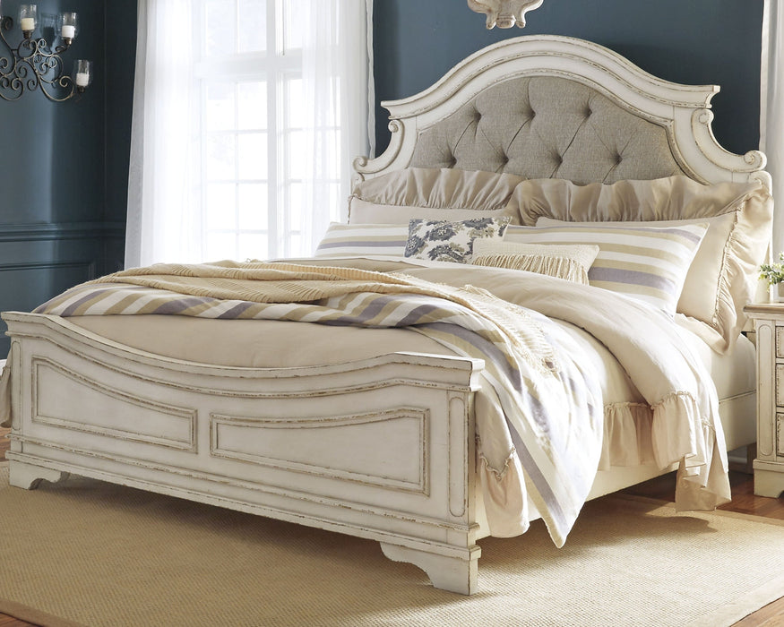 Realyn California King Upholstered Panel Bed with Mirrored Dresser and 2 Nightstands Homeline Furniture