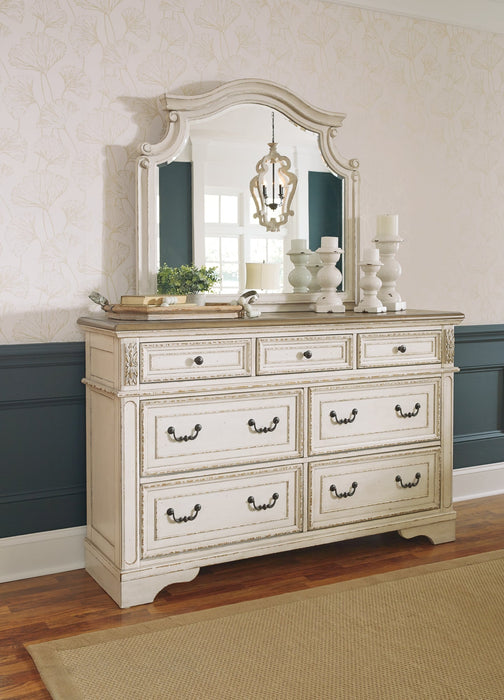 Realyn California King Upholstered Panel Bed with Mirrored Dresser and 2 Nightstands Homeline Furniture