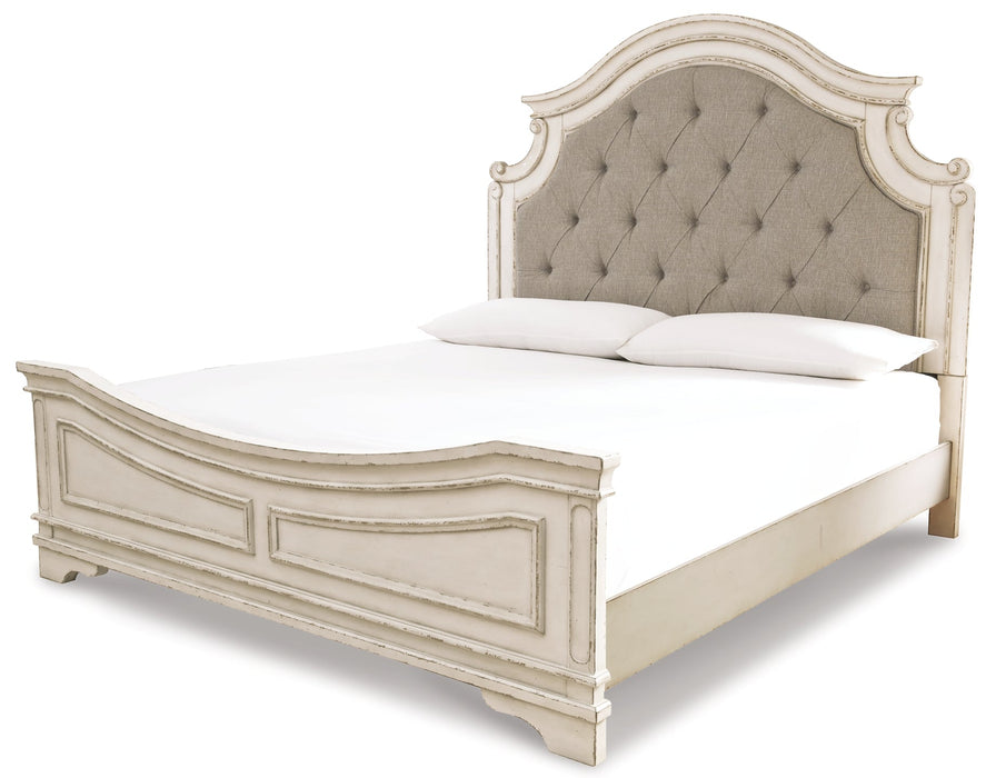 Realyn King Upholstered Panel Bed with Mirrored Dresser and Nightstand Homeline Furniture