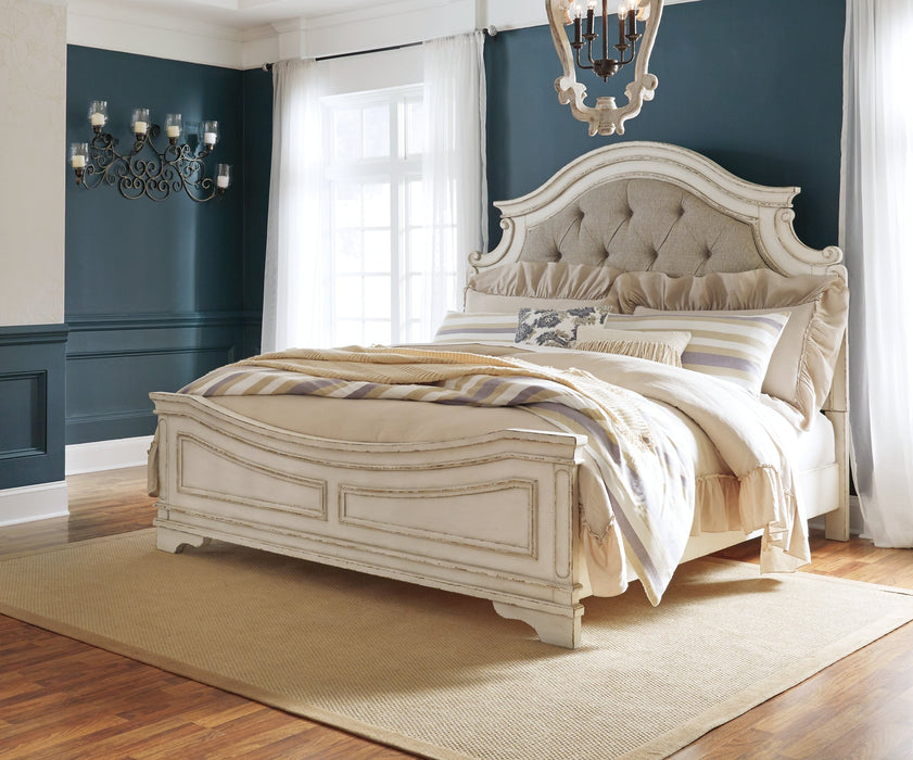 Realyn Queen Upholstered Panel Bed with Mirrored Dresser and 2 Nightstands Homeline Furniture