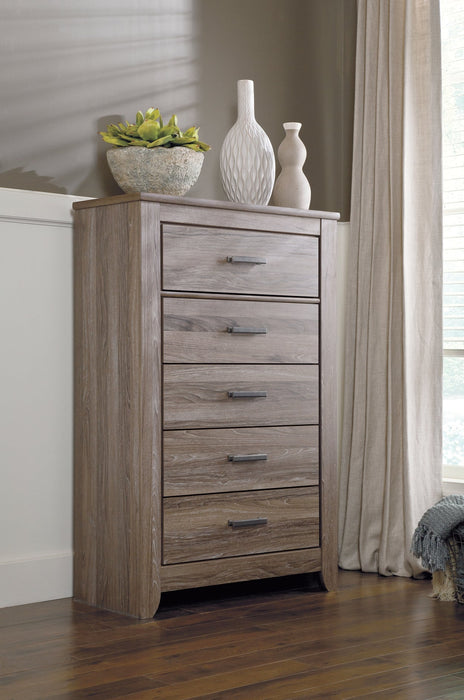Zelen Queen Panel Bed with Mirrored Dresser and Chest Homeline Furniture
