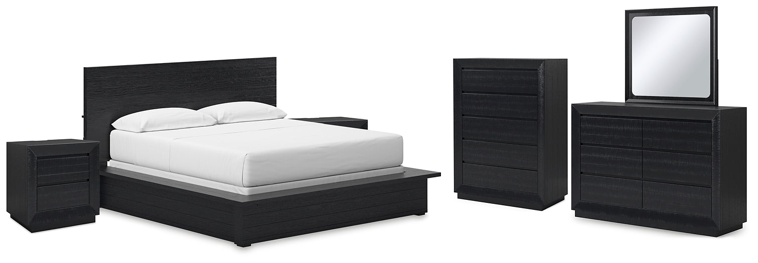 Londer California King Panel Bed with Mirrored Dresser, Chest and 2 Nightstands