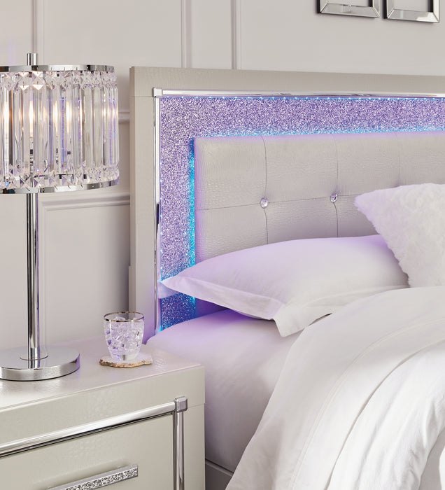 Zyniden King Upholstered Panel Headboard with Mirrored Dresser and Chest