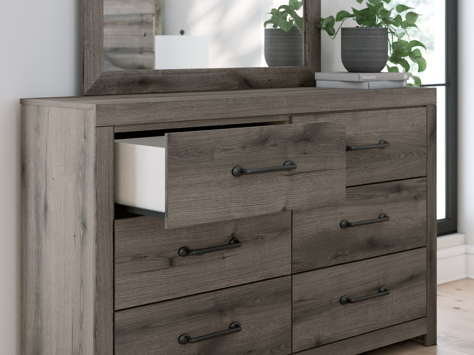 Graystorm King Panel Bed with Mirrored Dresser