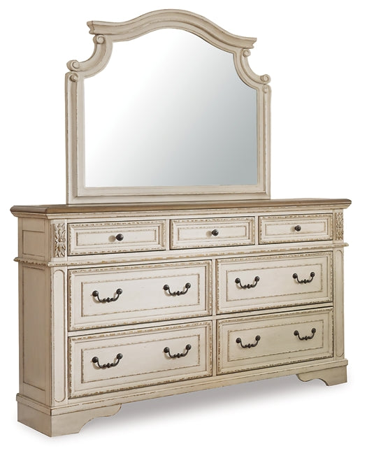 Realyn  Upholstered Panel Bed With Mirrored Dresser And Chest