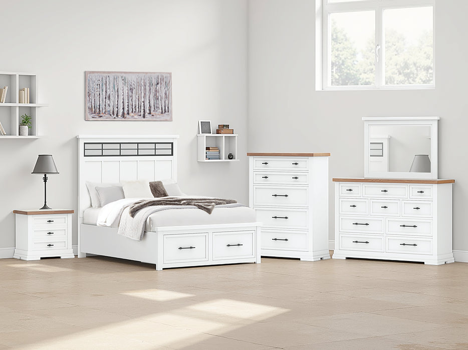 Ashbryn Queen Panel Storage Bed with Mirrored Dresser and Chest