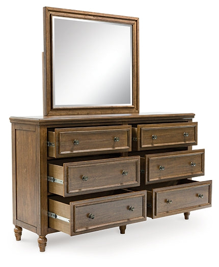 Sturlayne Queen Upholstered Panel Bed with Mirrored Dresser and Nightstand