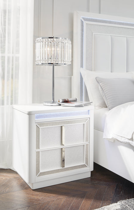Chalanna California King Upholstered Storage Bed with Mirrored Dresser and Nightstand