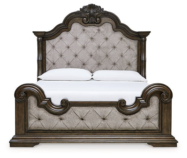 Maylee King Upholstered Bed with Mirrored Dresser, Chest and Nightstand