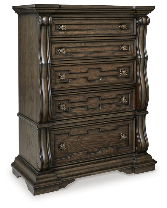 Maylee California King Upholstered Bed, Dresser, Mirror, Chest and Nightstand