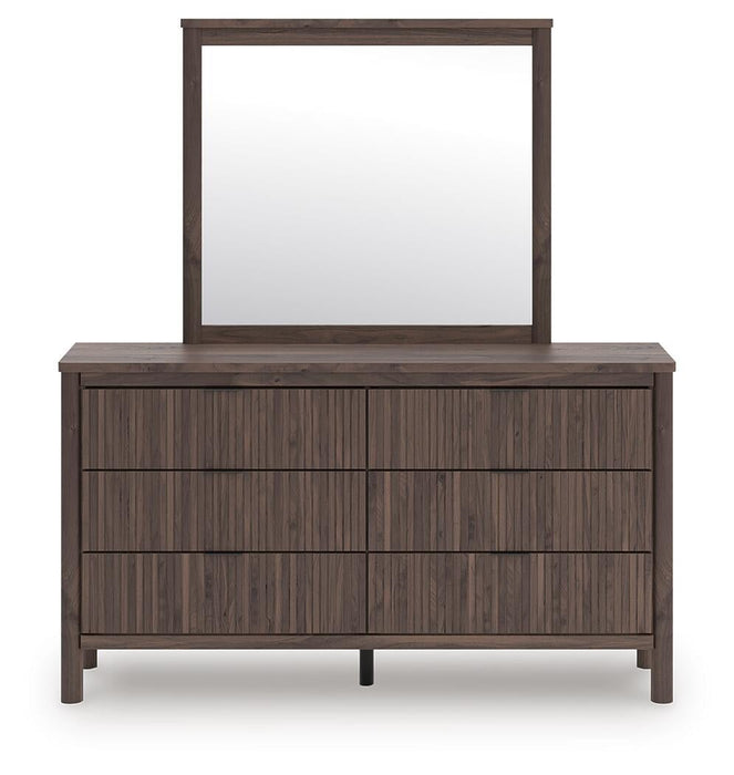 Pamytta Queen Upholstered Panel Platform Bed, Dresser, Mirror and Nightstand