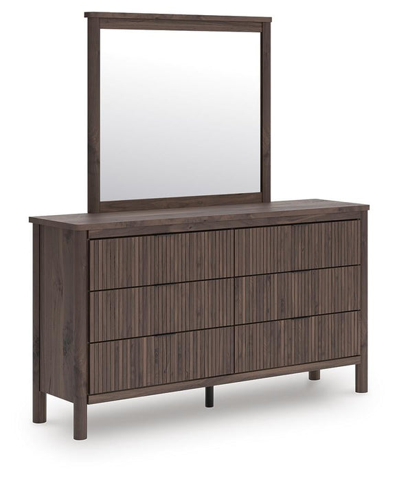 Pamytta Queen Upholstered Panel Platform Bed, Dresser, Mirror and Nightstand
