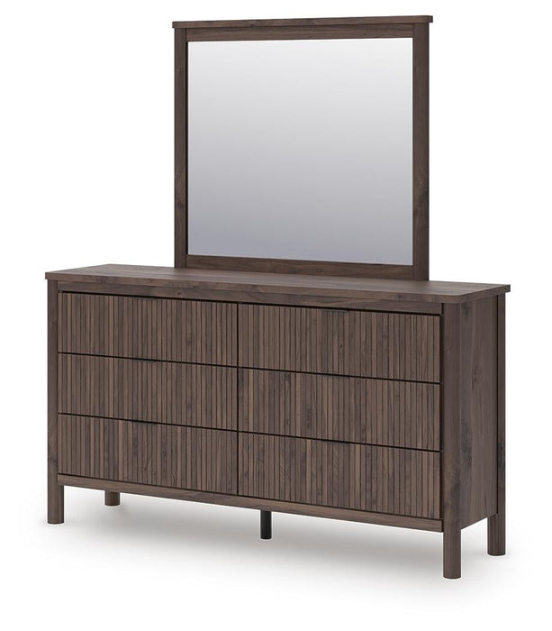 Pamytta Queen Upholstered Panel Platform Bed, Dresser, Mirror and Nightstand
