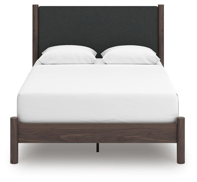 Pamytta Queen Upholstered Panel Platform Bed, Dresser, Mirror and Nightstand