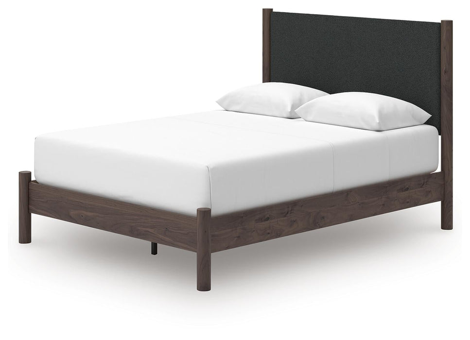 Pamytta Queen Upholstered Panel Platform Bed, Dresser, Mirror and Nightstand