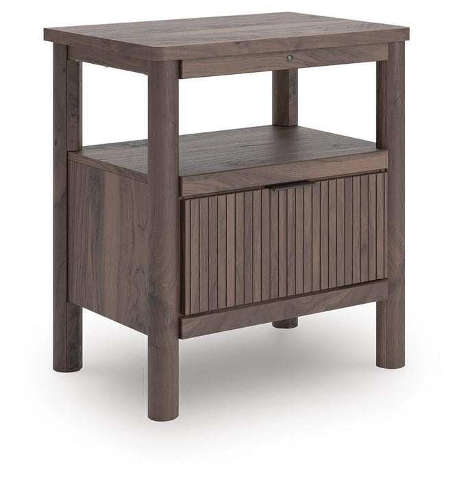 Pamytta Queen Upholstered Panel Platform Bed, Dresser, Mirror and Nightstand