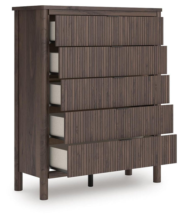 Pamytta Queen Upholstered Panel Bed, Dresser, Mirror, Chest and Nightstand