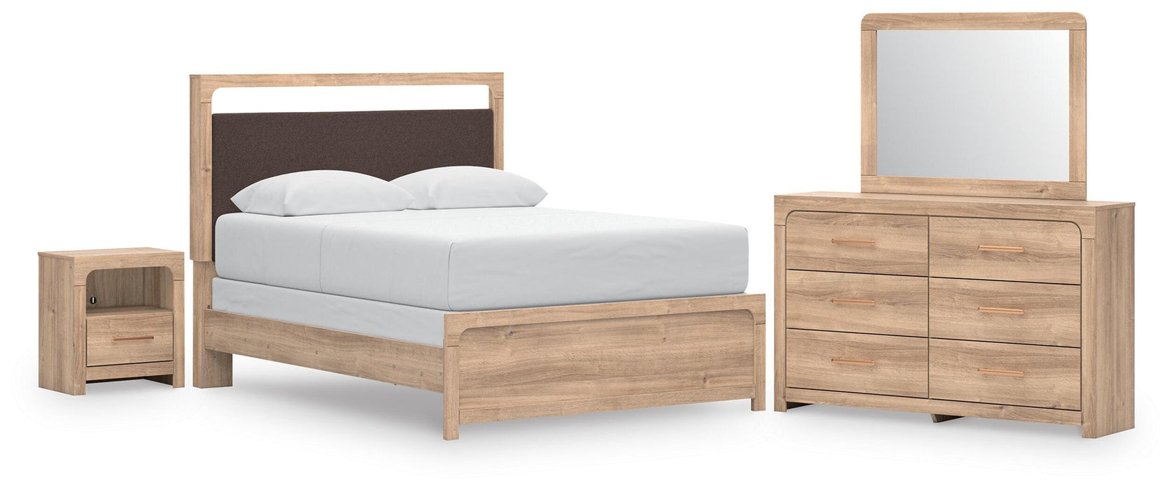 Kinlanni Queen Upholstered Panel Bed, Dresser, Mirror and Nightstand