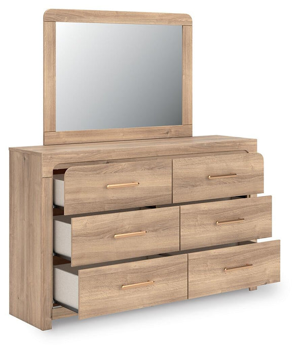 Kinlanni Queen Upholstered Panel Bed, Dresser, Mirror and Nightstand