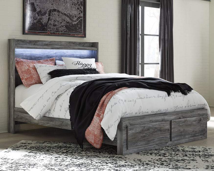 Baystorm Queen Panel Bed with 2 Storage Drawers with Mirrored Dresser and Nightstand Homeline Furniture