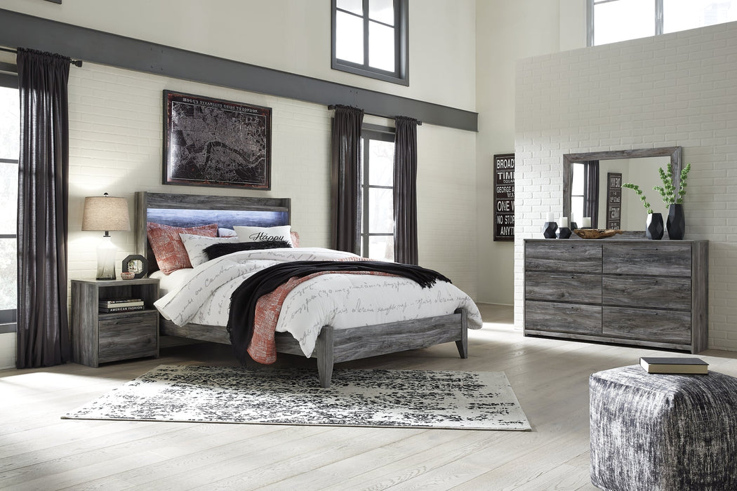 Baystorm Queen Panel Bed with Mirrored Dresser and Nightstand Homeline Furniture