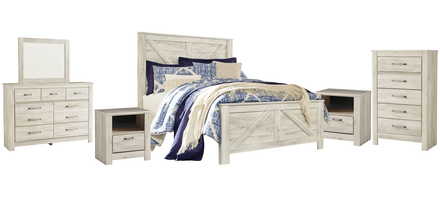 Bellaby Queen Crossbuck Panel Bed with Mirrored Dresser, Chest and 2 Nightstands Homeline Furniture