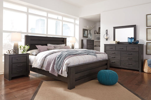 Brinxton King Panel Bed with Mirrored Dresser and 2 Nightstands Homeline Furniture