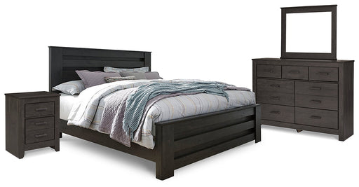 Brinxton King Panel Bed with Mirrored Dresser and Nightstand Homeline Furniture