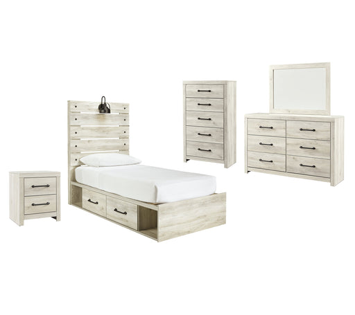 Cambeck Twin Panel Bed with 4 Storage Drawers with Mirrored Dresser, Chest and Nightstand Homeline Furniture