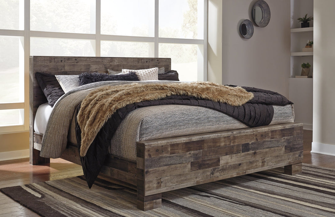Derekson King Panel Bed with Mirrored Dresser, Chest and 2 Nightstands Homeline Furniture