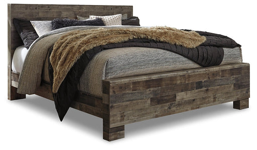 Derekson King Panel Bed with Mirrored Dresser and Chest Homeline Furniture