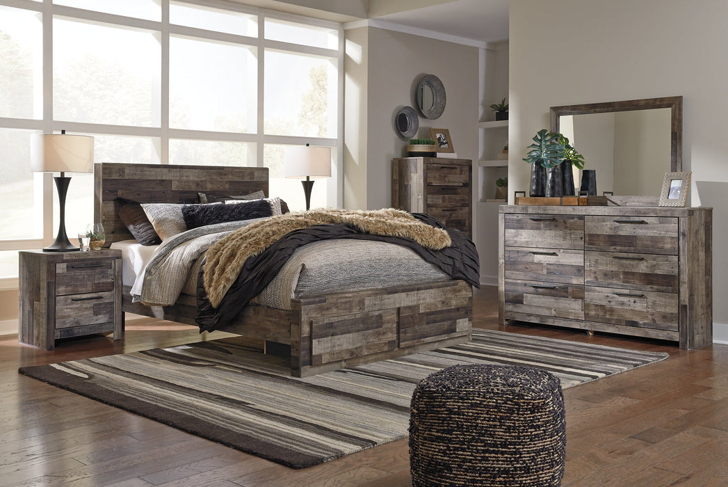 Derekson Queen Panel Bed with 2 Storage Drawers with Mirrored Dresser, Chest and 2 Nightstands Homeline Furniture