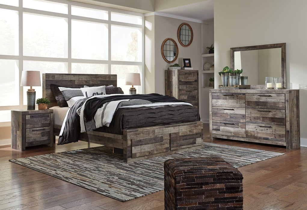 Derekson Queen Panel Bed with 2 Storage Drawers with Mirrored Dresser, Chest and 2 Nightstands Homeline Furniture