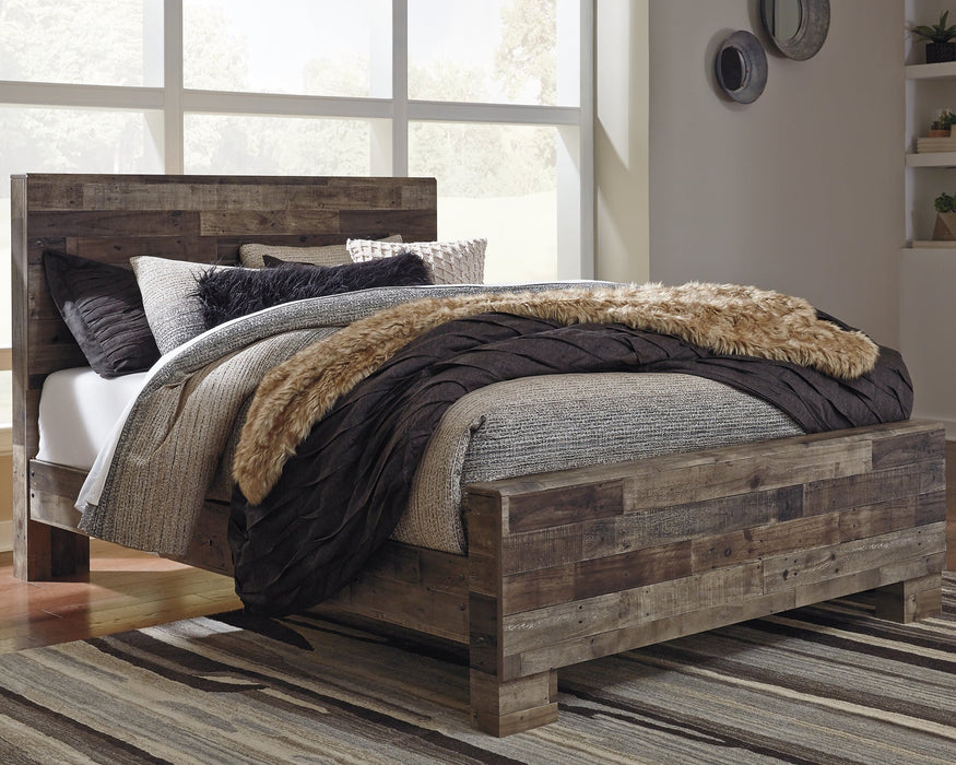 Derekson Queen Panel Bed with Mirrored Dresser and Nightstand Homeline Furniture