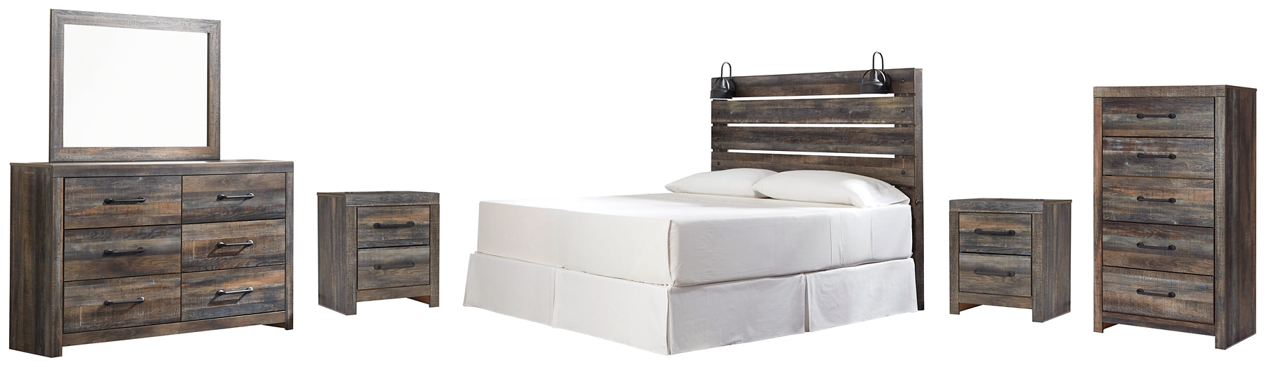 Drystan King Panel Headboard with Mirrored Dresser, Chest and 2 Nightstands Homeline Furniture