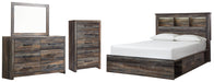 Drystan Queen Bookcase Bed with 4 Storage Drawers with Mirrored Dresser and Chest Homeline Furniture