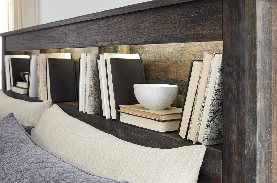 Drystan Queen/Full Bookcase Headboard with Mirrored Dresser and Chest Homeline Furniture