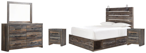 Drystan Queen Panel Bed with 4 Storage Drawers with Mirrored Dresser and 2 Nightstands Homeline Furniture