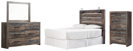 Drystan Queen Panel Headboard with Mirrored Dresser and Chest Homeline Furniture