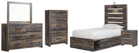 Drystan Twin Panel Bed with 4 Storage Drawers with Mirrored Dresser, Chest and Nightstand Homeline Furniture