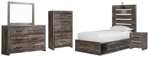 Drystan Twin Panel Bed with 4 Storage Drawers with Mirrored Dresser, Chest and Nightstand Homeline Furniture