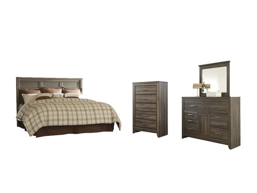 Juararo King/California King Panel Headboard with Mirrored Dresser and Chest Homeline Furniture