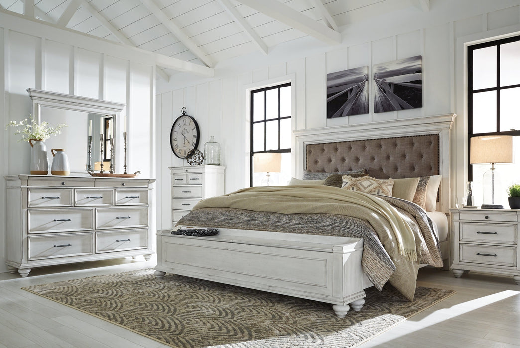 Kanwyn Queen Panel Bed with Storage with Mirrored Dresser and Chest Homeline Furniture