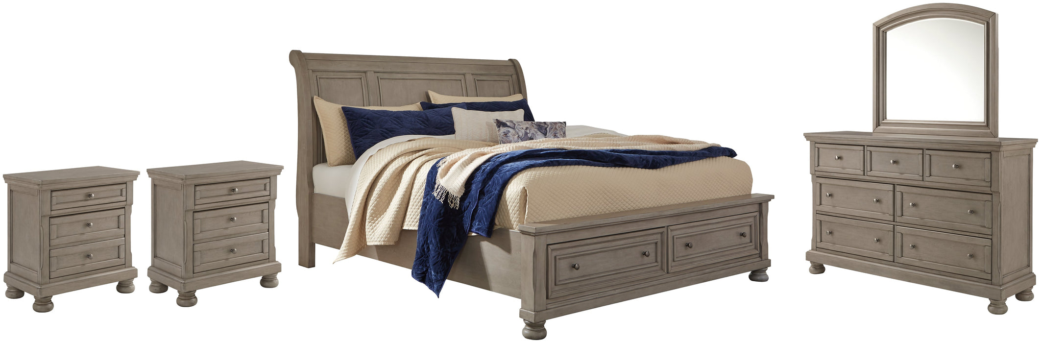 Lettner California King Sleigh Bed with Mirrored Dresser and 2 Nightstands Homeline Furniture