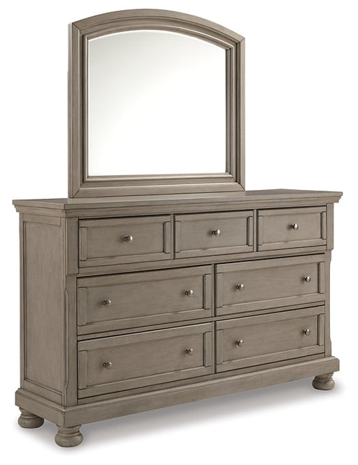 Lettner Queen Sleigh Bed with 2 Storage Drawers with Mirrored Dresser, Chest and 2 Nightstands Homeline Furniture