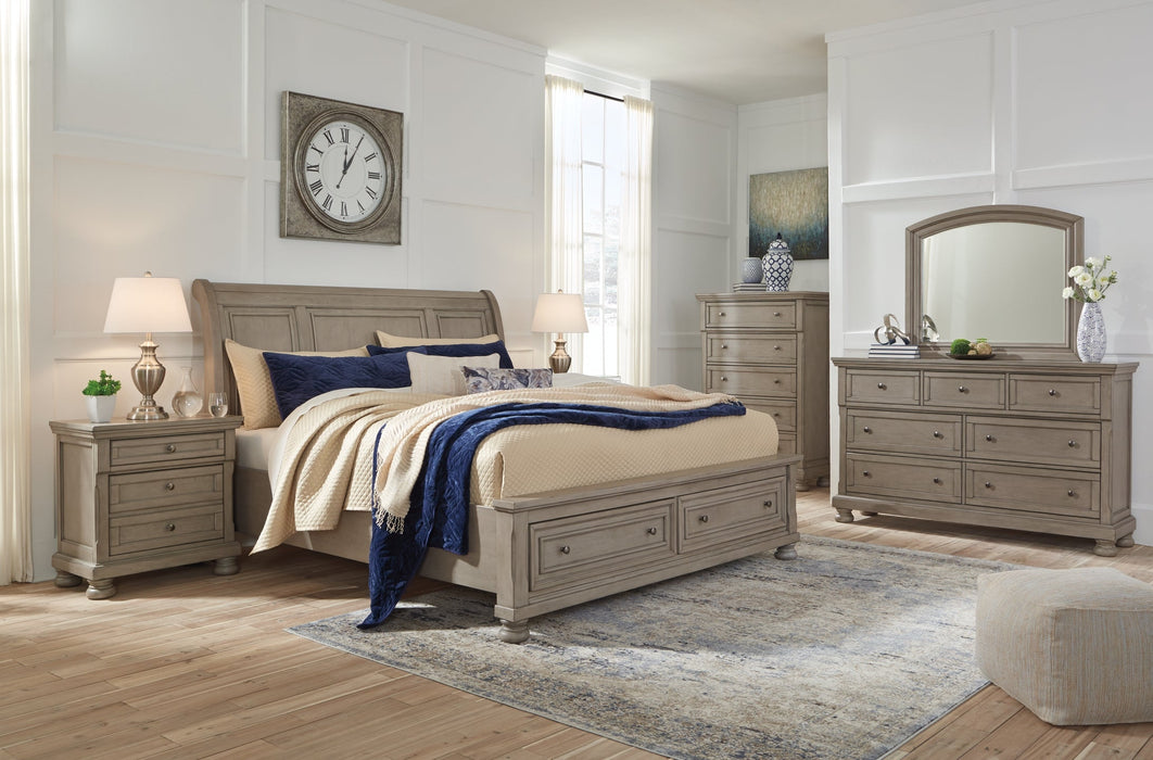 Lettner Queen Sleigh Bed with 2 Storage Drawers with Mirrored Dresser, Chest and 2 Nightstands Homeline Furniture